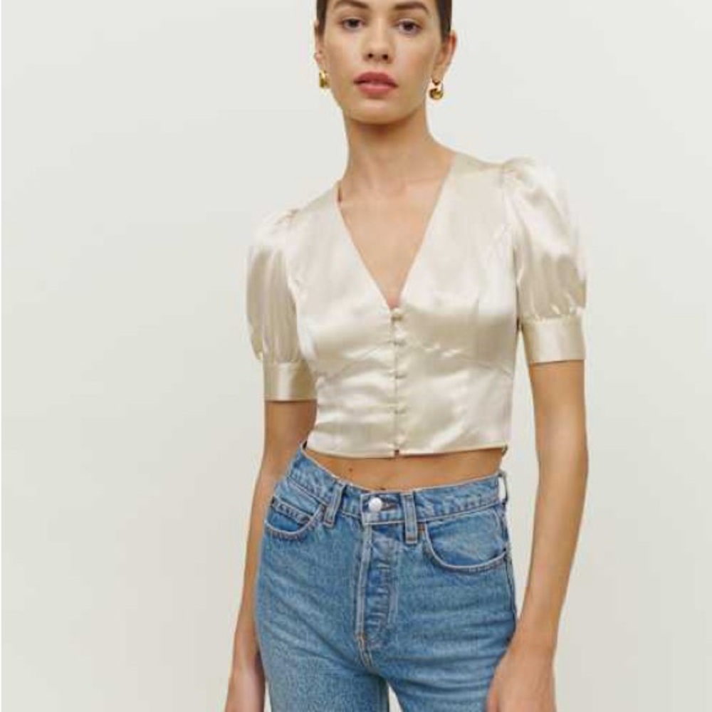 Reformation Cream Satin Silk Puff Sleeve Button Blouse
